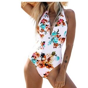 CUPSHE Women's Tie Waist Floral Print Halter One Piece Swimsuit
